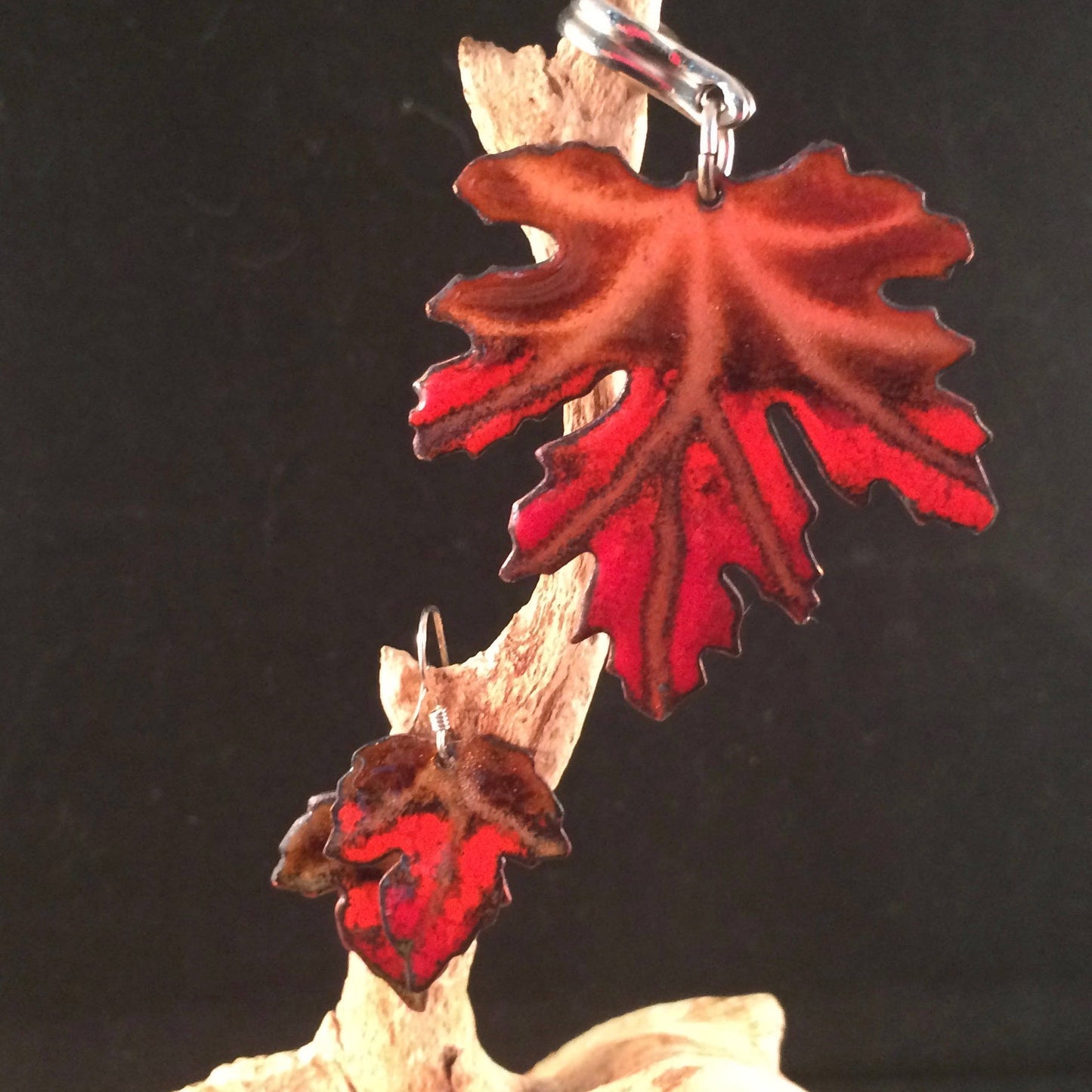 Enamel Maple Leaves on Copper  Pendant and Earring set