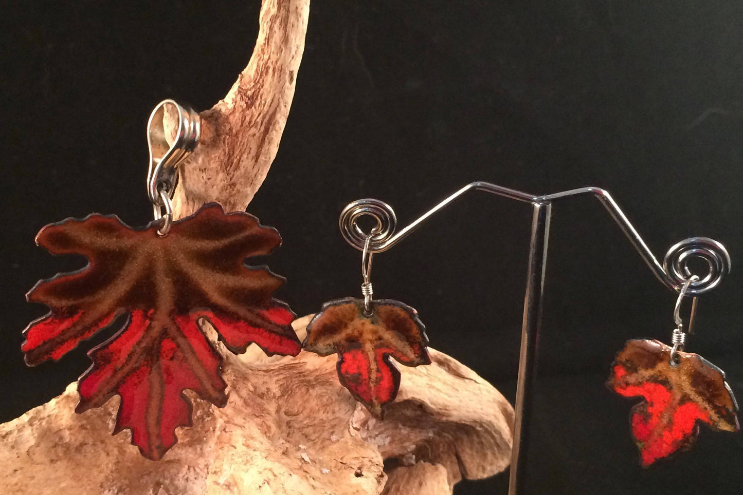 Enamel Maple Leaves on Copper  Pendant and Earring set