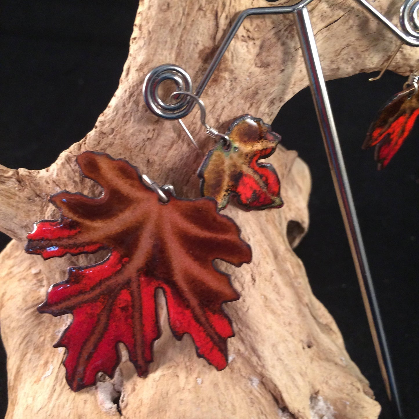 Enamel Maple Leaves on Copper  Pendant and Earring set