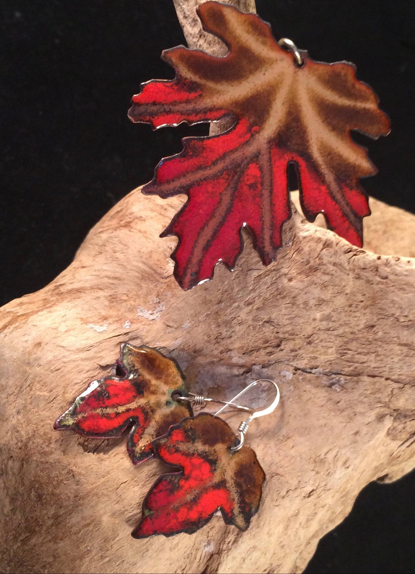 Enamel Maple Leaves on Copper  Pendant and Earring set
