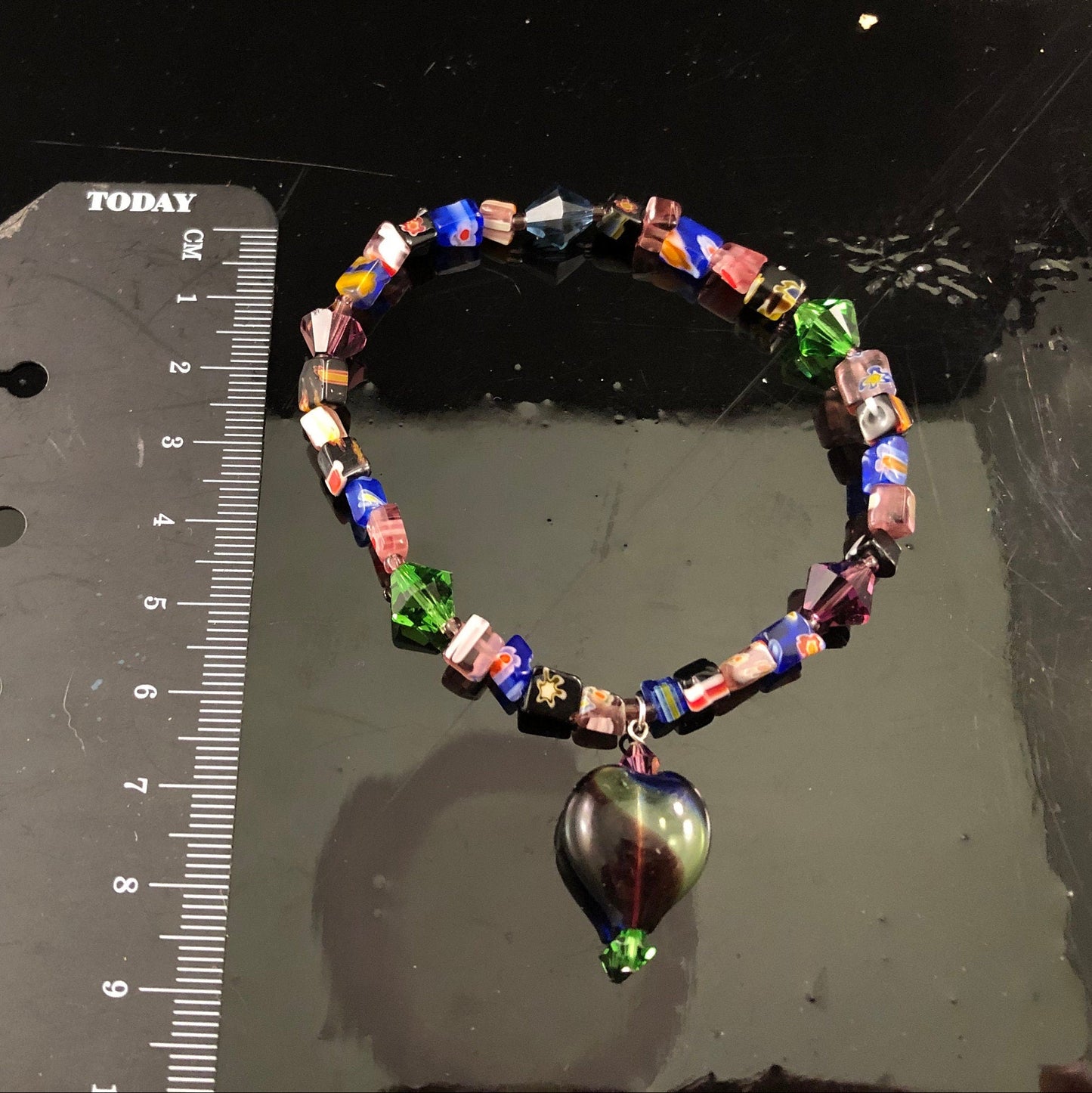 Glass and Swarovski Crystal Stretchable Bracelet- with Glass Heart Charm- Vintage