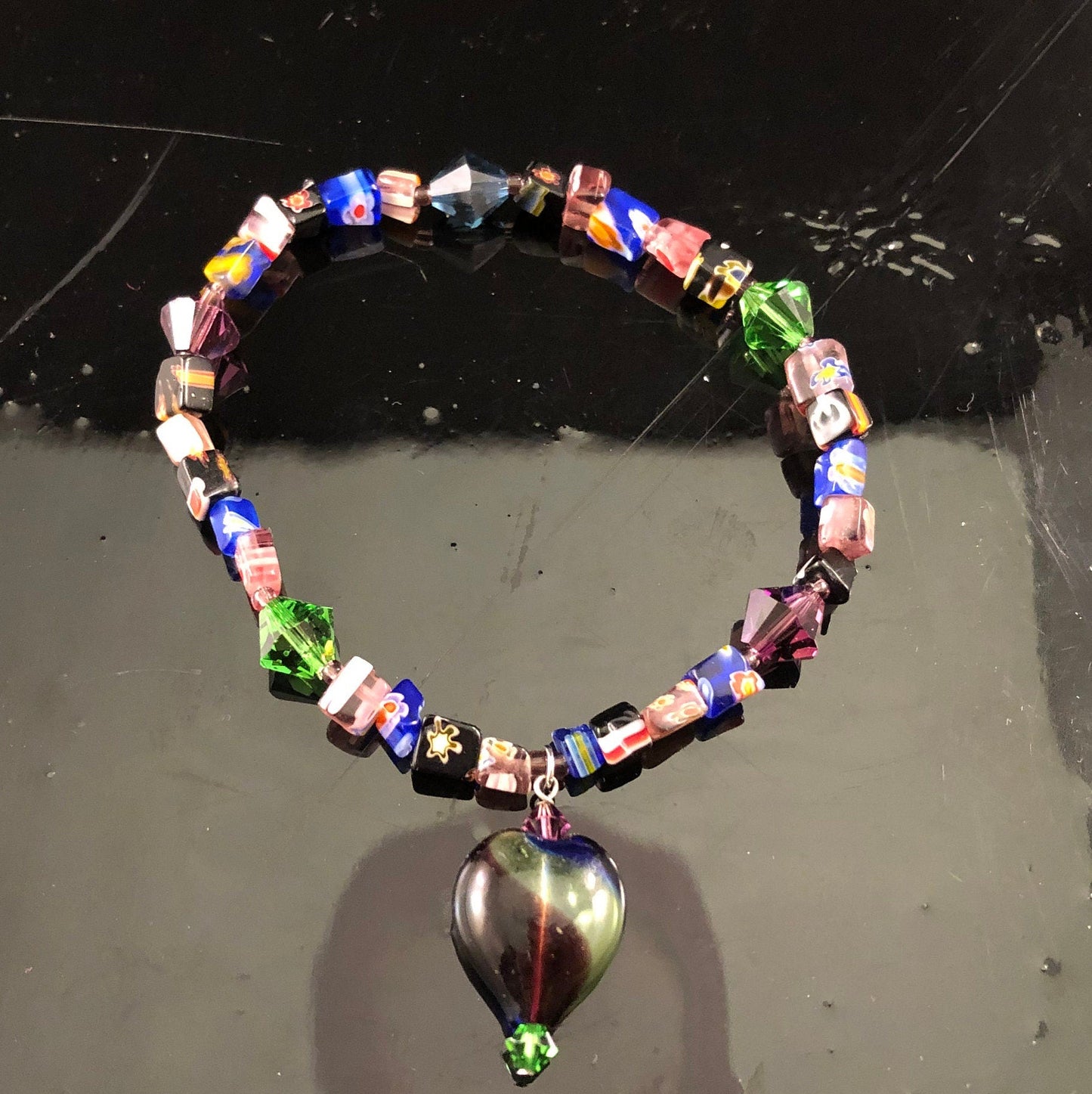 Glass and Swarovski Crystal Stretchable Bracelet- with Glass Heart Charm- Vintage
