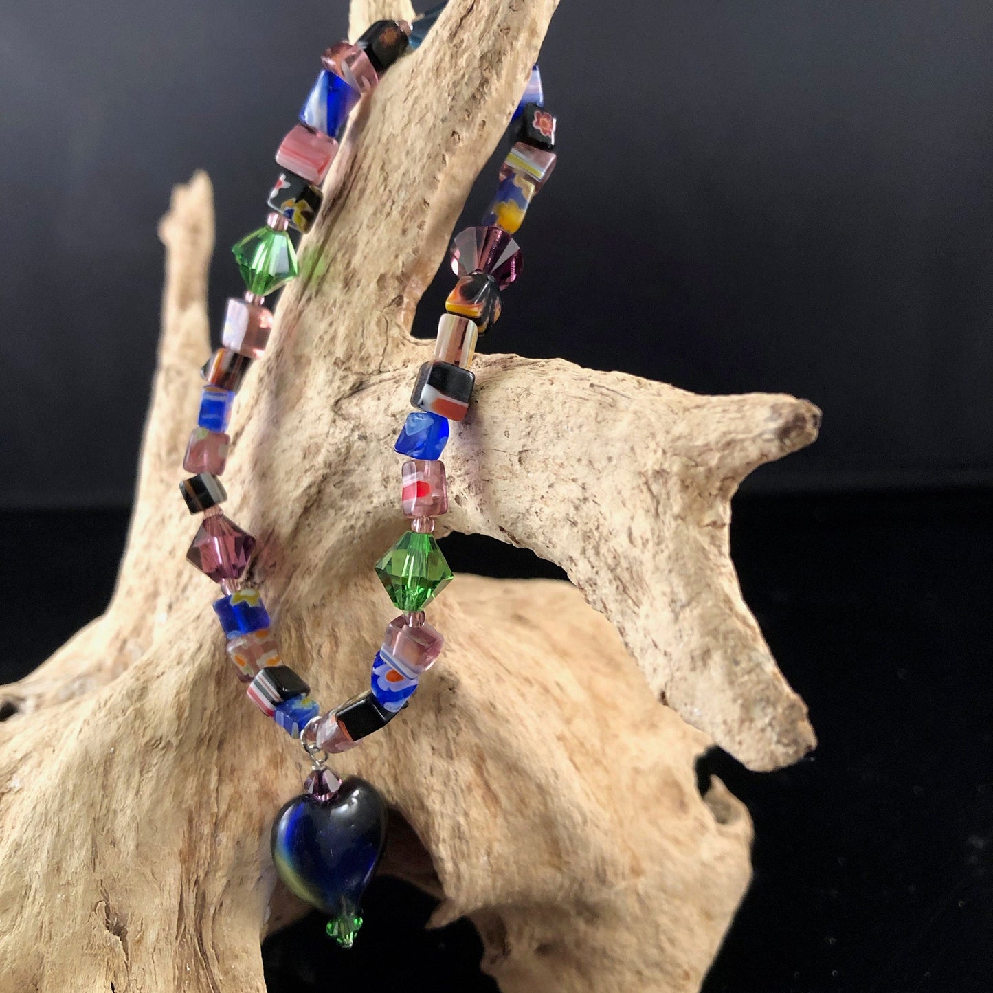 Glass and Swarovski Crystal Stretchable Bracelet- with Glass Heart Charm- Vintage