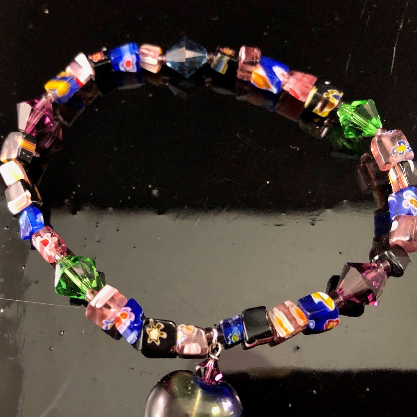 Glass and Swarovski Crystal Stretchable Bracelet- with Glass Heart Charm- Vintage