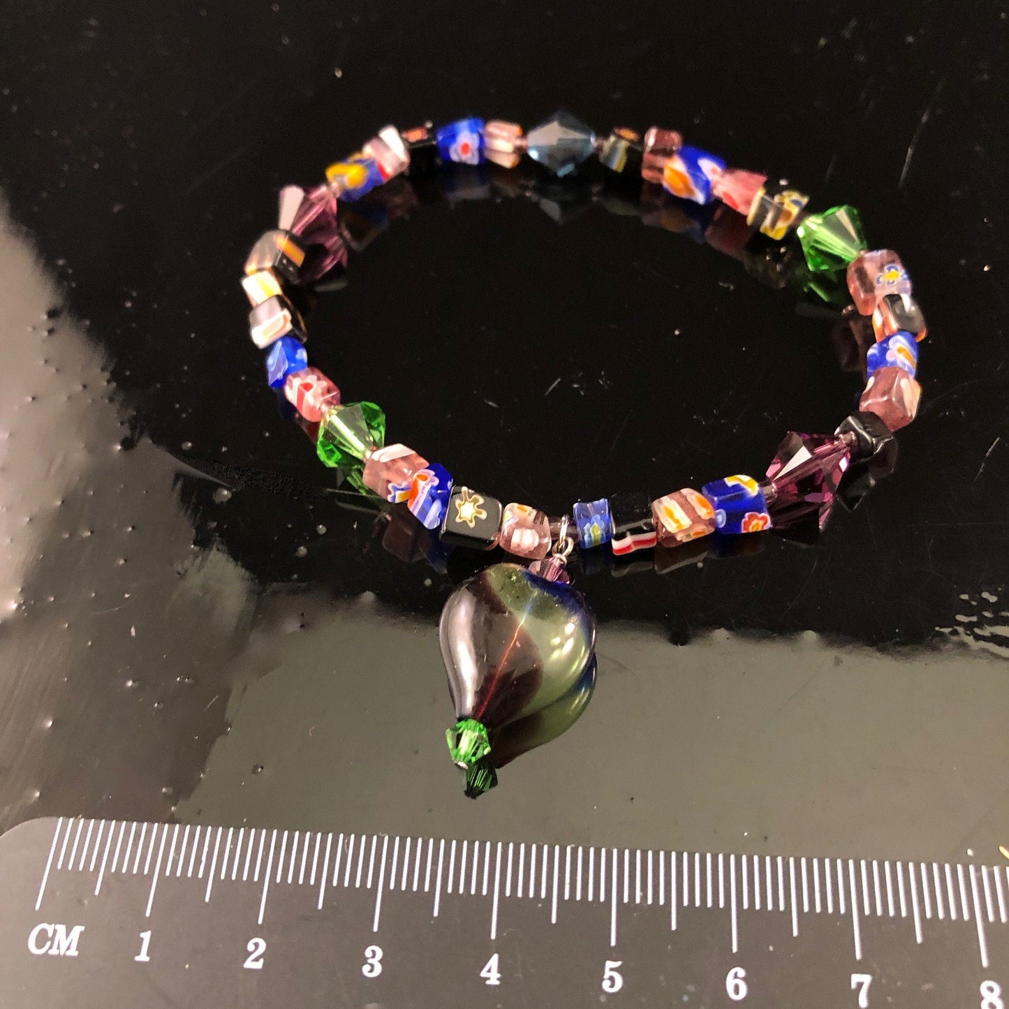 Glass and Swarovski Crystal Stretchable Bracelet- with Glass Heart Charm- Vintage