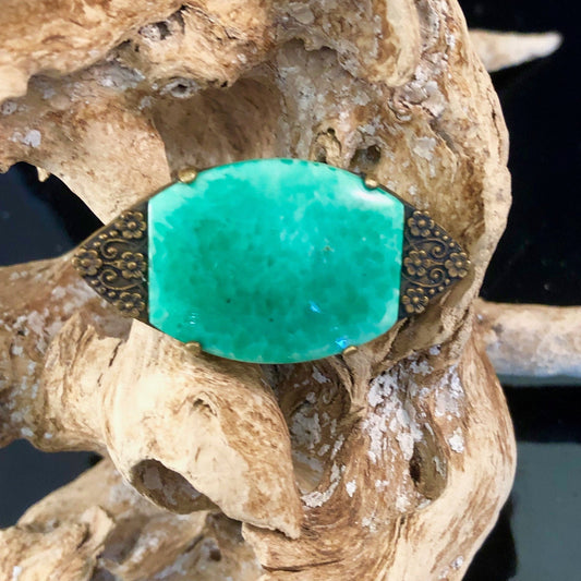 Deco Czechslovakian made Brass Brooch with Peking Glass