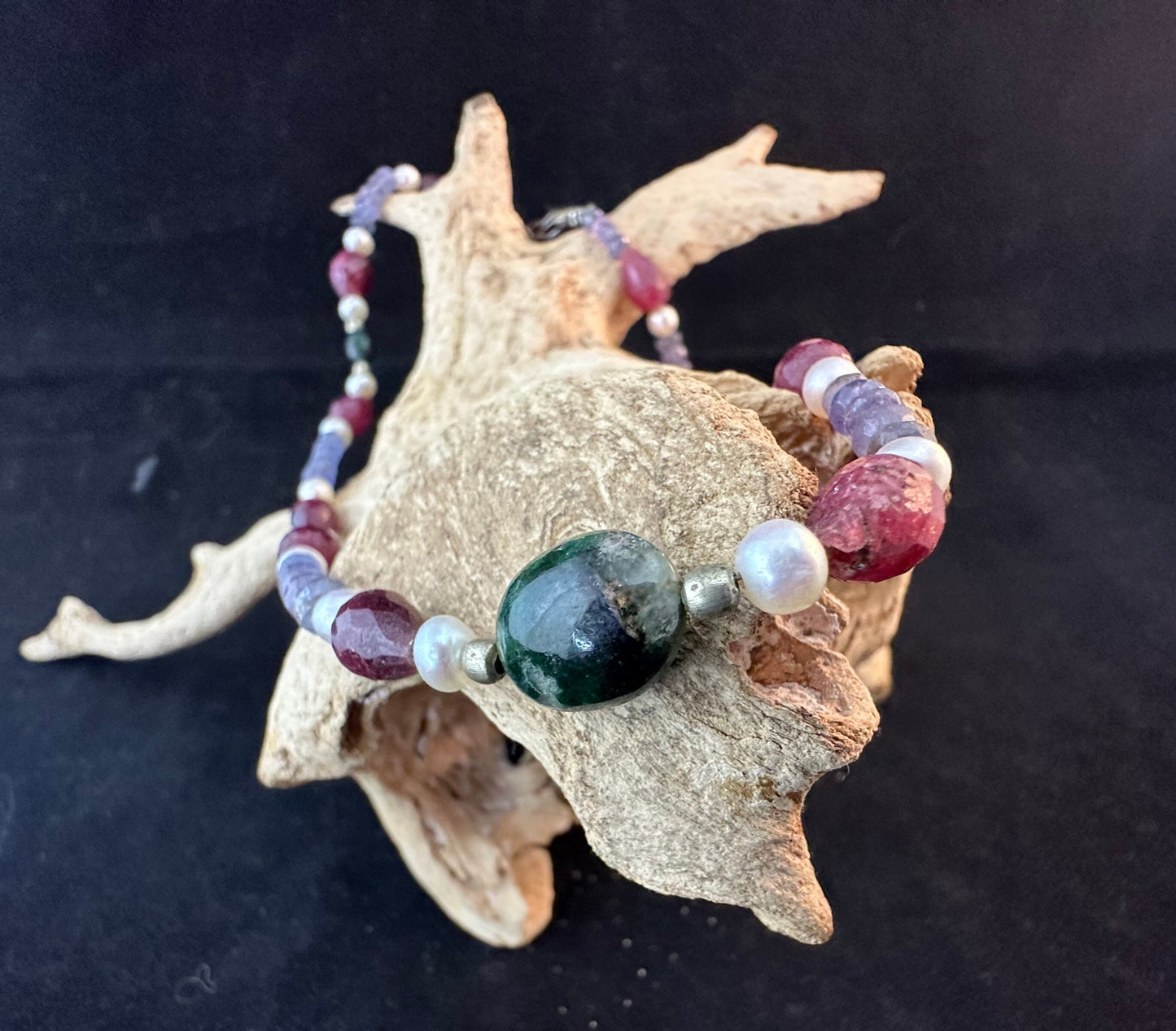 Raw stone Tanzanite, Ruby, Pearl and Emerald neckace