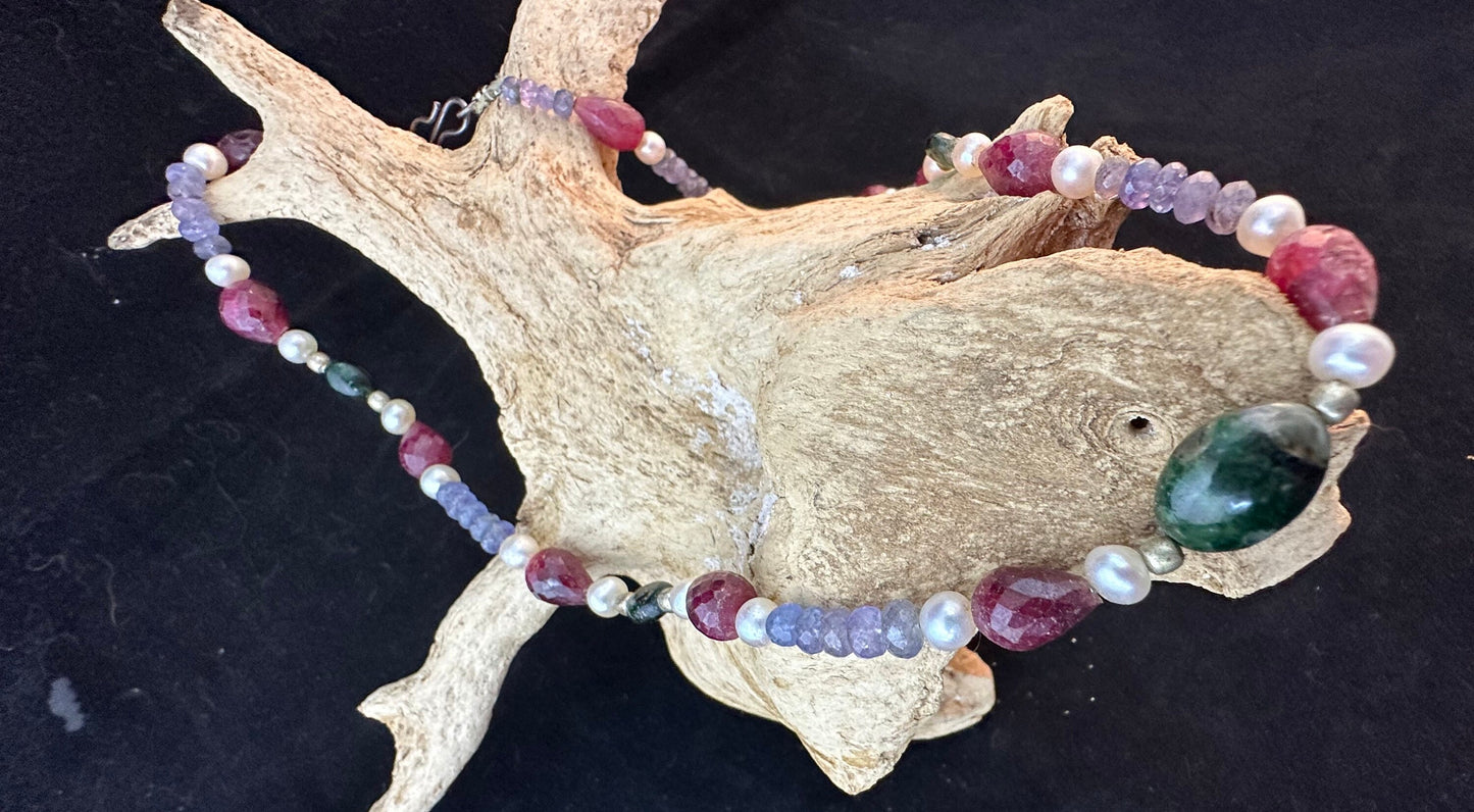 Raw stone Tanzanite, Ruby, Pearl and Emerald neckace