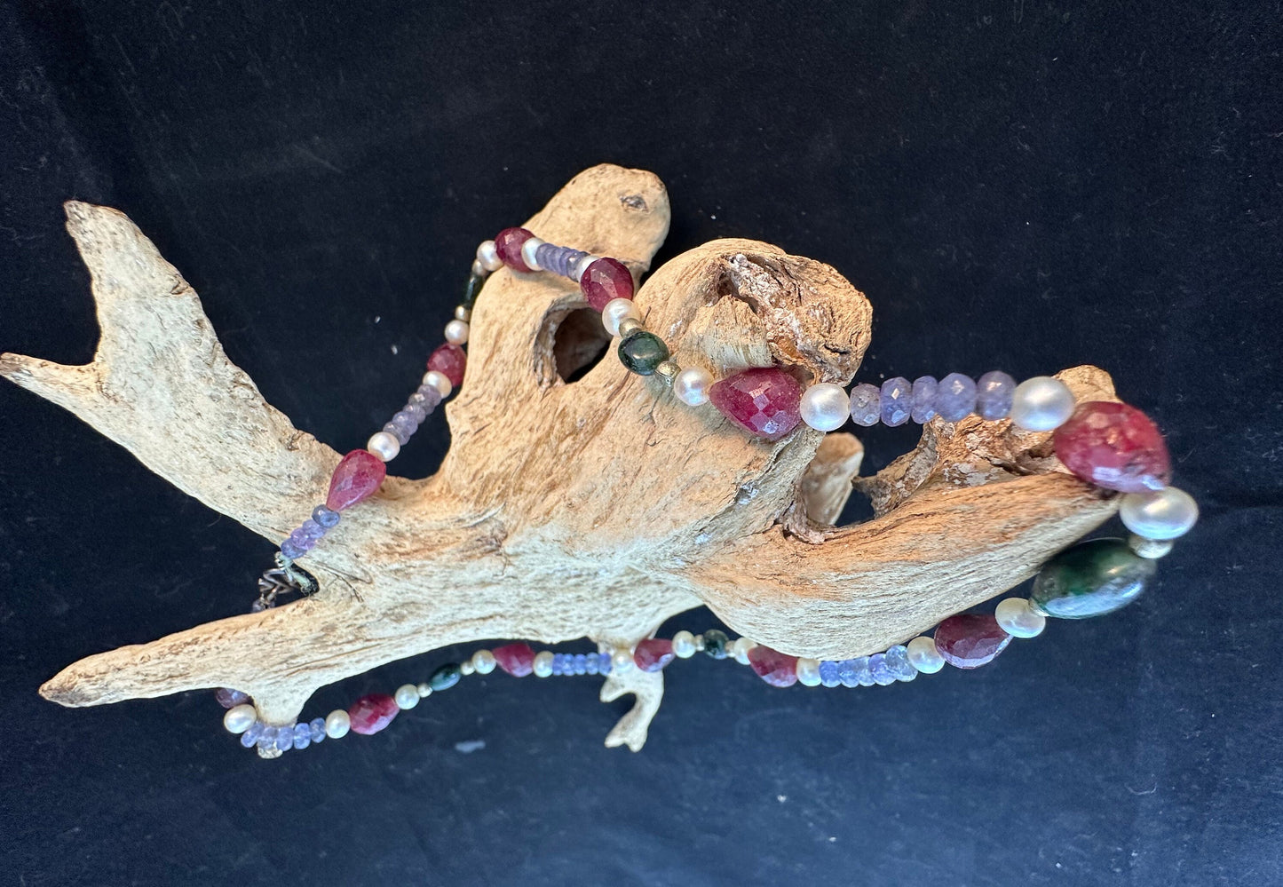 Raw stone Tanzanite, Ruby, Pearl and Emerald neckace