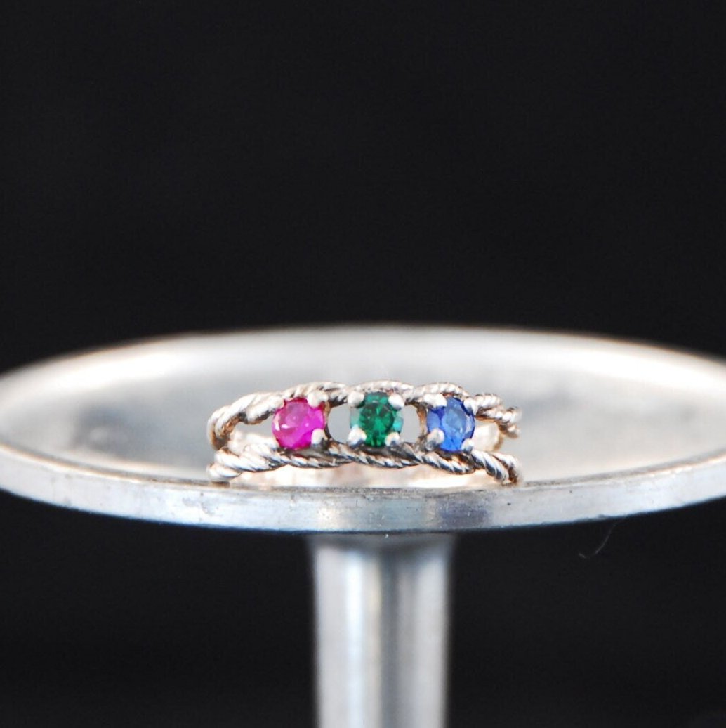 Double twisted Rope Sterling Silver ring with multicolored stones