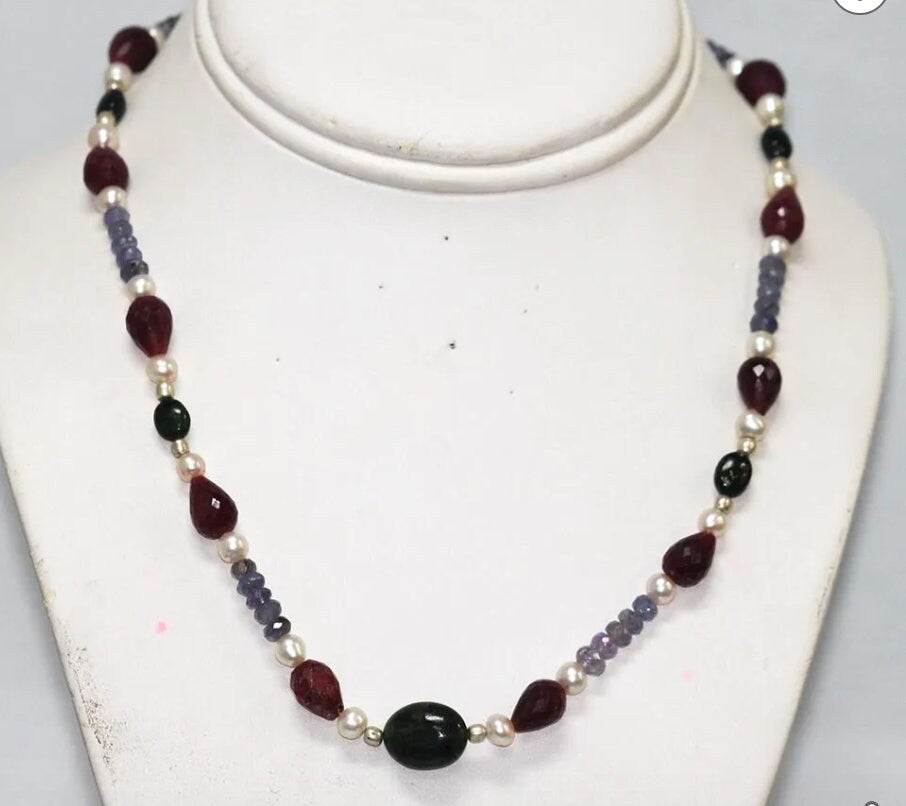 Raw stone Tanzanite, Ruby, Pearl and Emerald neckace