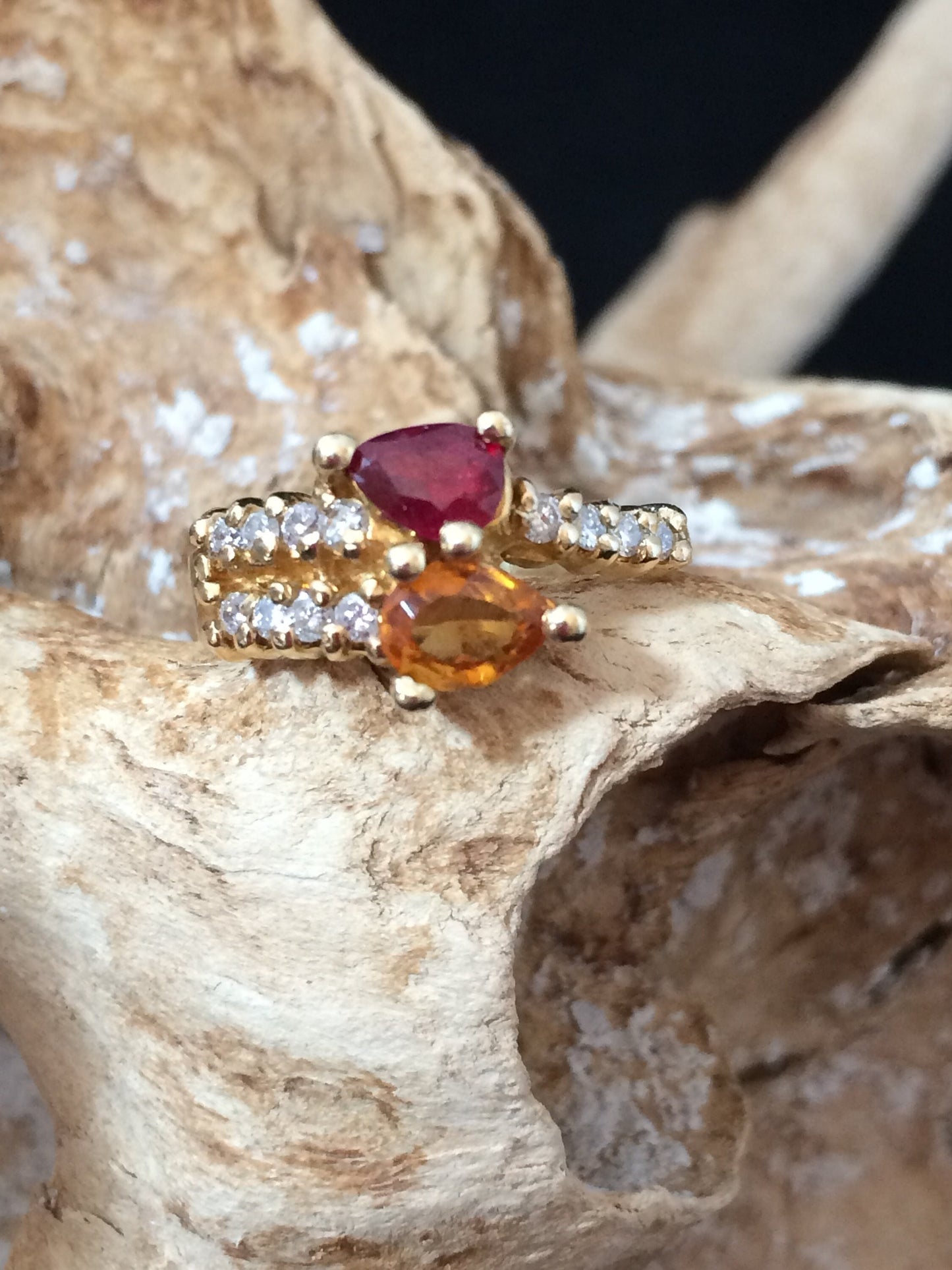 Citrine and Red Spinel bypass ring with diamond accents in 14K yellow gold