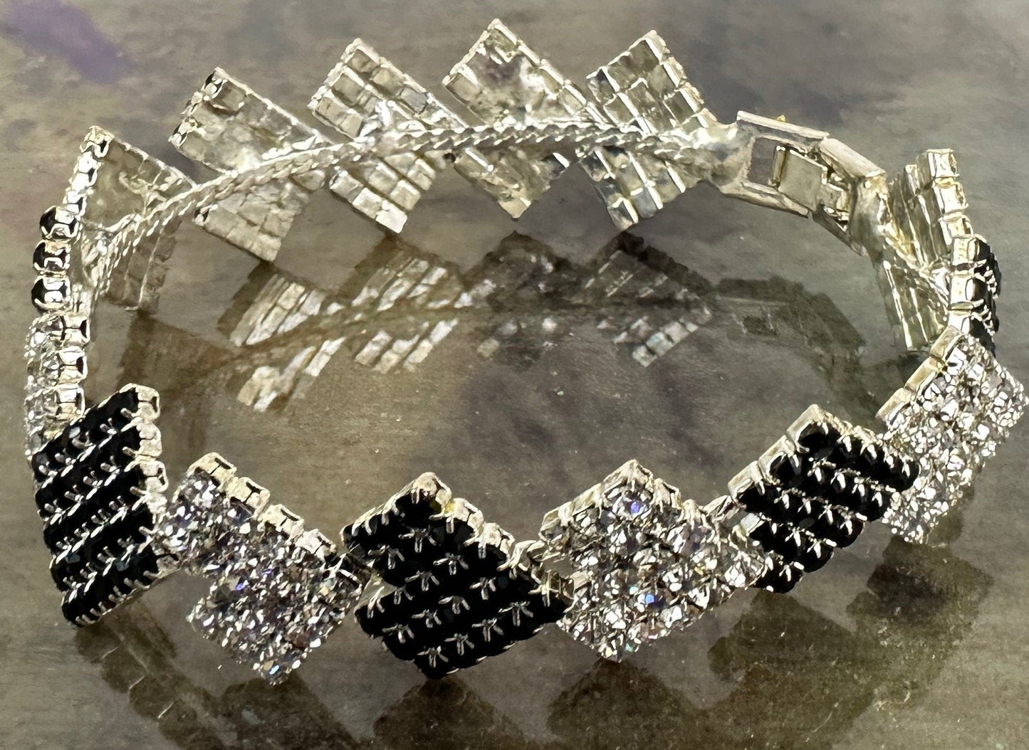 Onxy Black and White crystal Ann Primrose Square Link Bracelet- Perfect for Prom, New Year's or Party wear!!