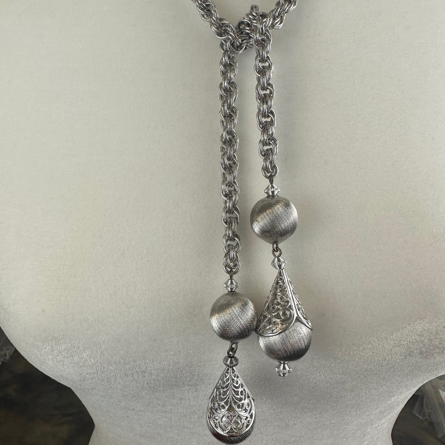 Vintage Monet Lariat Silver tone Necklace