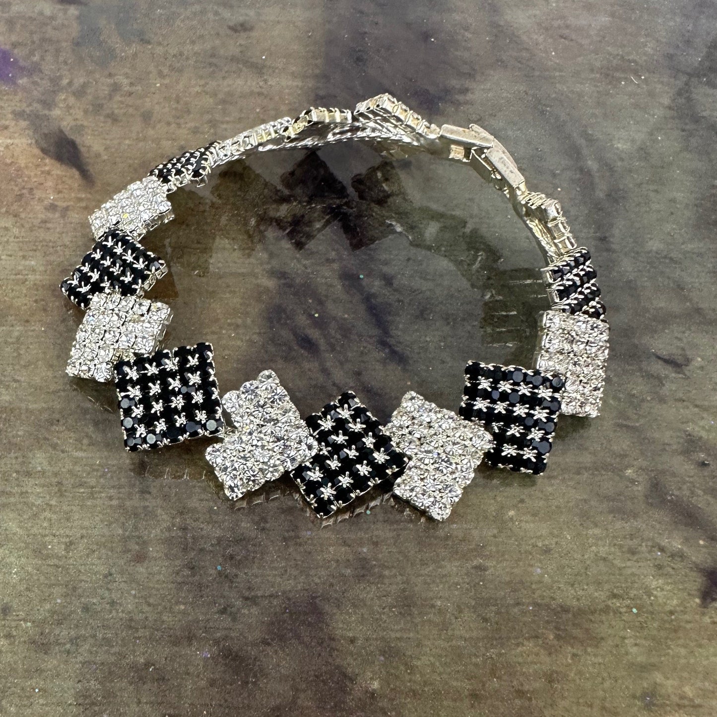 Onxy Black and White crystal Ann Primrose Square Link Bracelet- Perfect for Prom, New Year's or Party wear!!