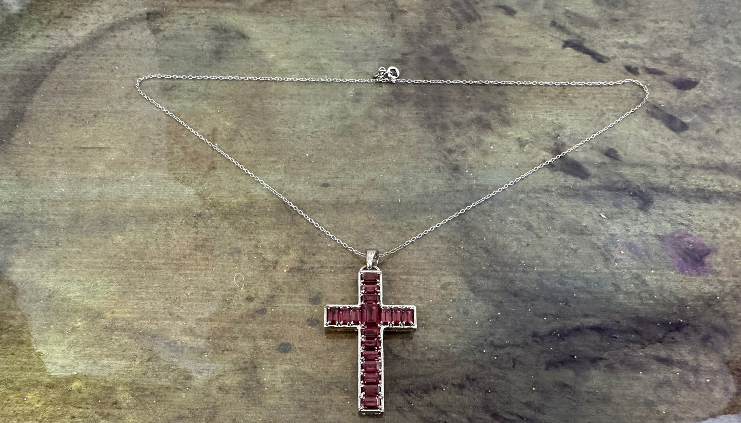 Umba River Rhodolite Garnet Cross Pendant on Sterling Silver Chain