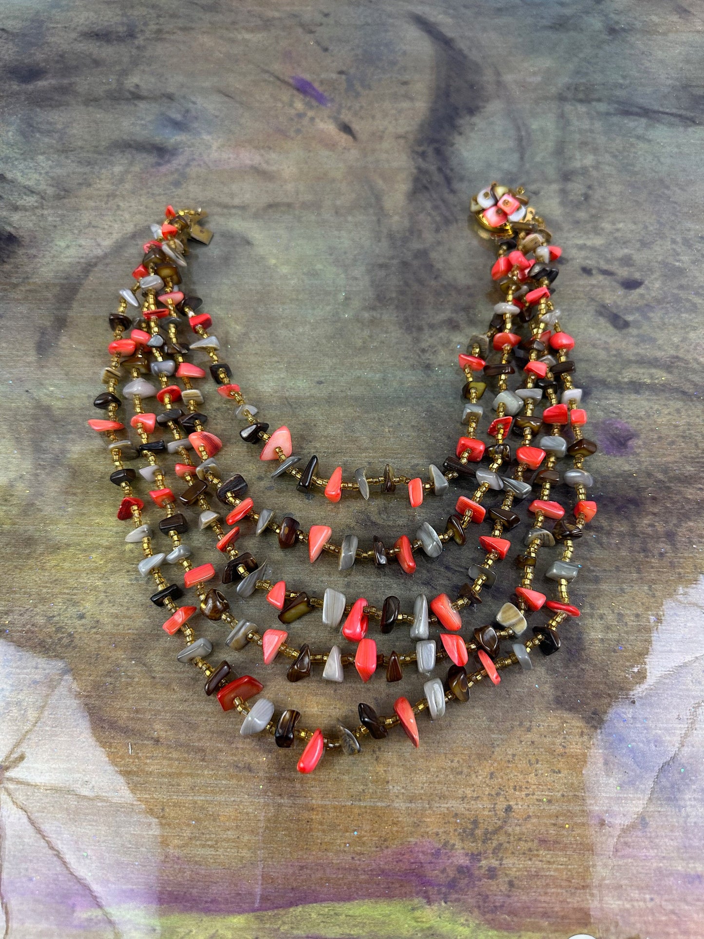 Vintage 5 Strand Polished Shell chip necklace