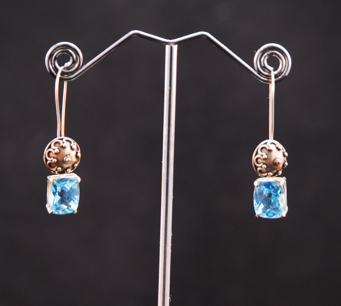 Sterling silver earrings with removable Checkerboard synthetic topaz stones.