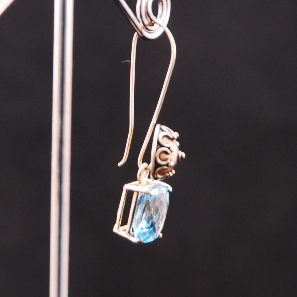 Sterling silver earrings with removable Checkerboard synthetic topaz stones.