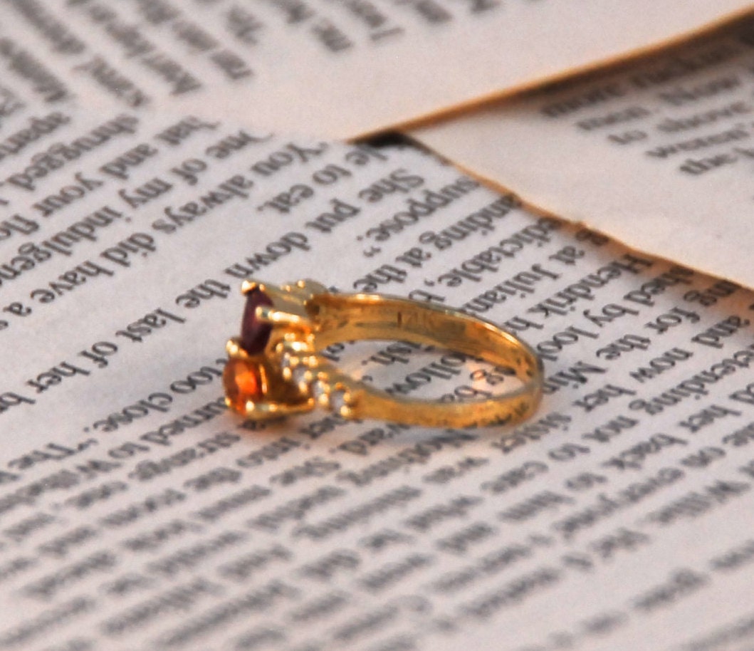 Citrine and Red Spinel bypass ring with diamond accents in 14K yellow gold