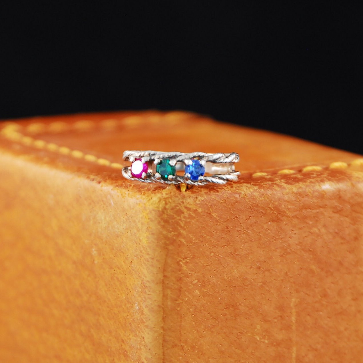 Double twisted Rope Sterling Silver ring with multicolored stones