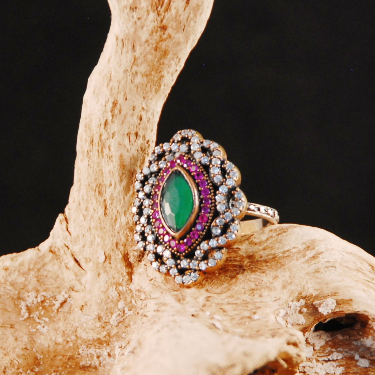 Turkish set- Pendant and ring with Emeralds and White and Red Topaz