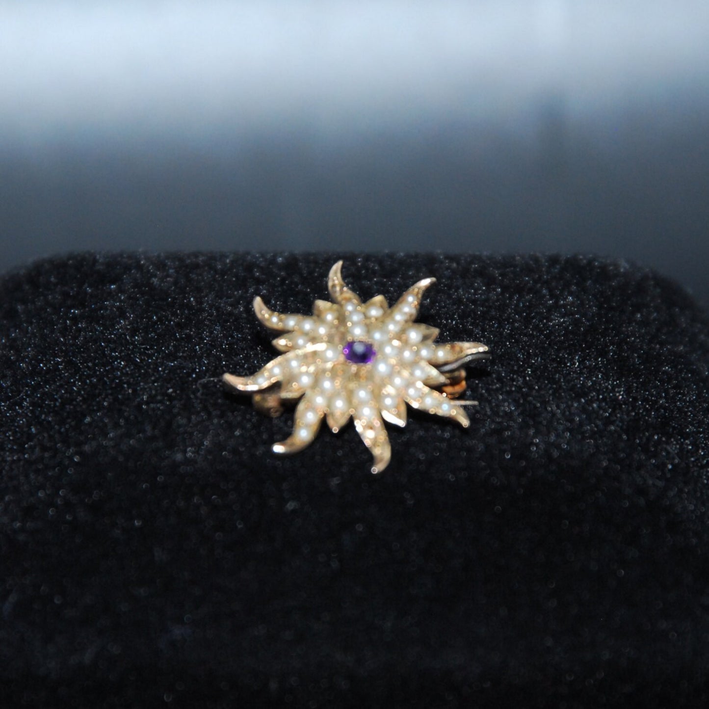 Antique Seed Pearl and Amethyst Starburst Brooch