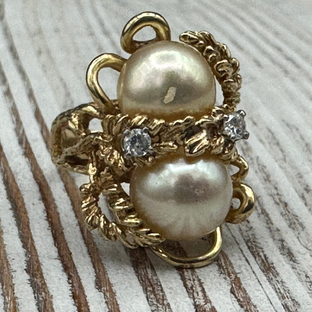 Diamonds, Pearls, and Gold  Cocktail Ring