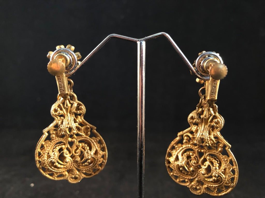 Miriam Haskell "Russian Gold" colored Filagree Drop Earrings