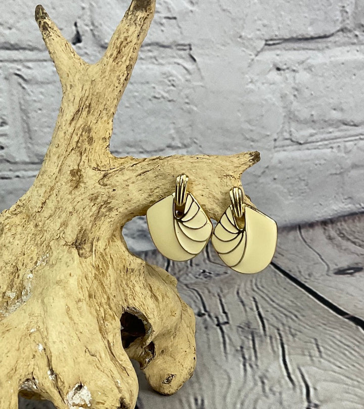 VIntage Cream Enamel and Gold Clip-on Earrings