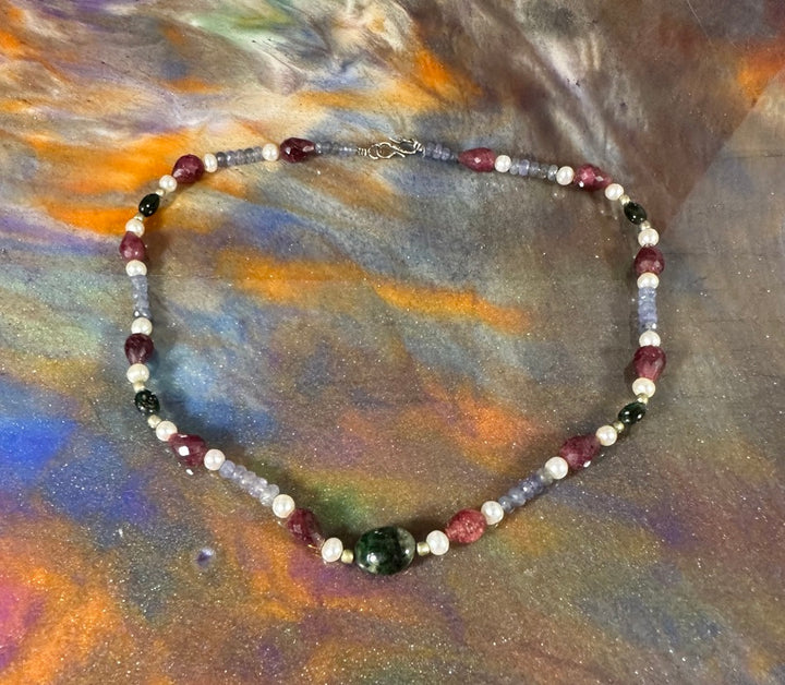 Raw stone Tanzanite, Ruby, Pearl and Emerald neckace