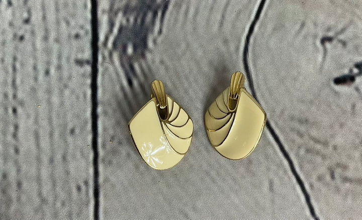 VIntage Cream Enamel and Gold Clip-on Earrings