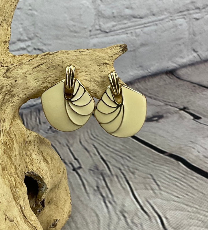 VIntage Cream Enamel and Gold Clip-on Earrings
