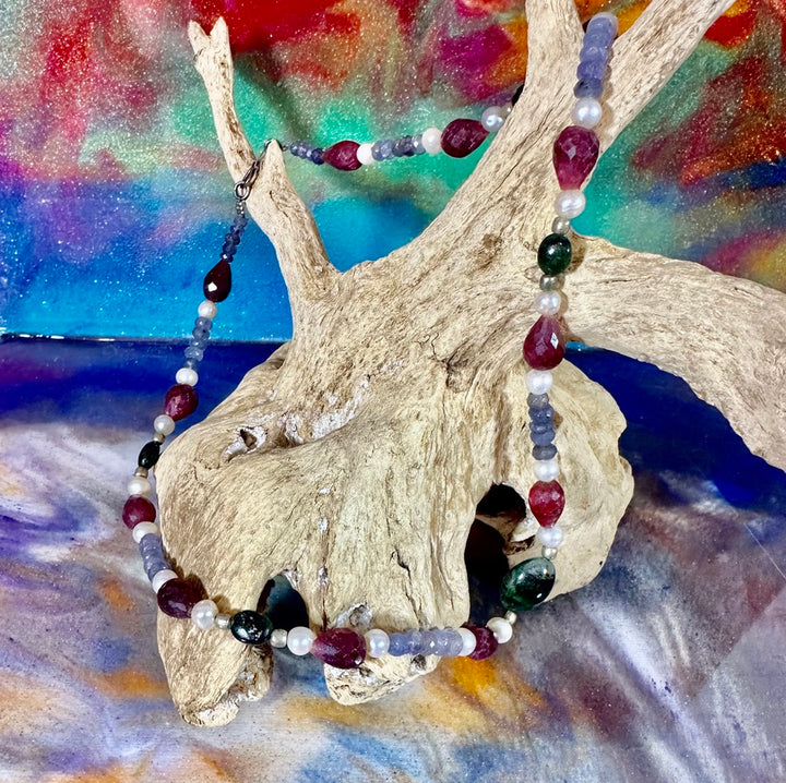 Raw stone Tanzanite, Ruby, Pearl and Emerald neckace