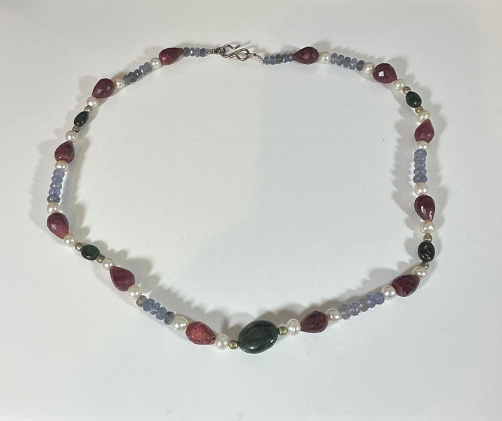 Raw stone Tanzanite, Ruby, Pearl and Emerald neckace