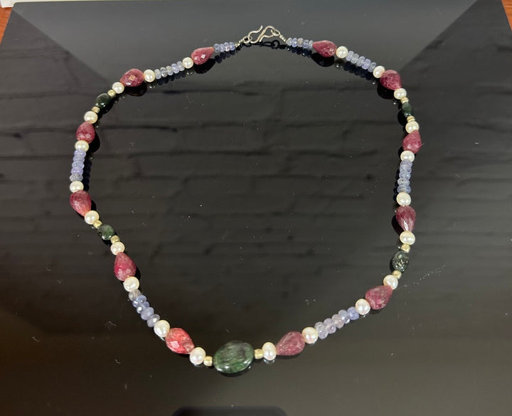 Raw stone Tanzanite, Ruby, Pearl and Emerald neckace