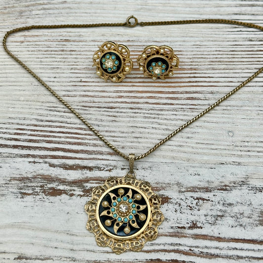 Victorian Era Necklace and Earring set- Goldtone and Black Star with faux pears, blue stone and crystal