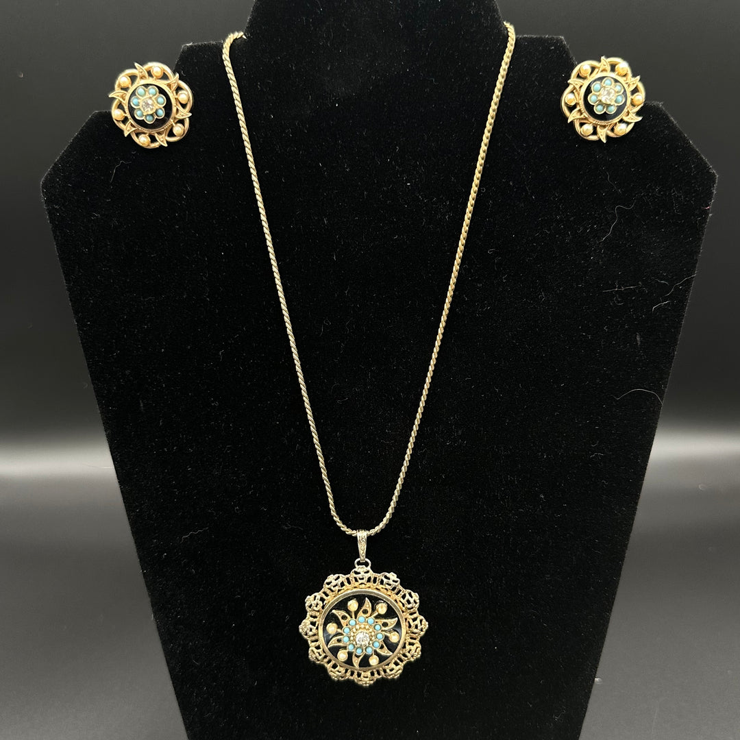 Victorian Era Necklace and Earring set- Goldtone and Black Star with faux pears, blue stone and crystal