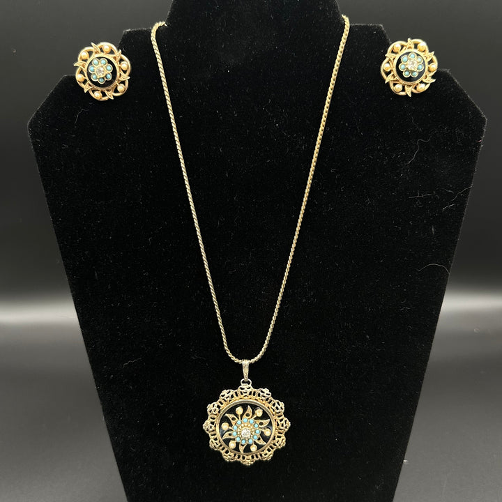 Victorian Era Necklace and Earring set- Goldtone and Black Star with faux pears, blue stone and crystal
