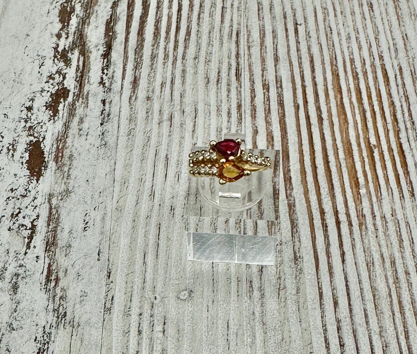 Citrine and Red Spinel bypass ring with diamond accents in 14K yellow gold
