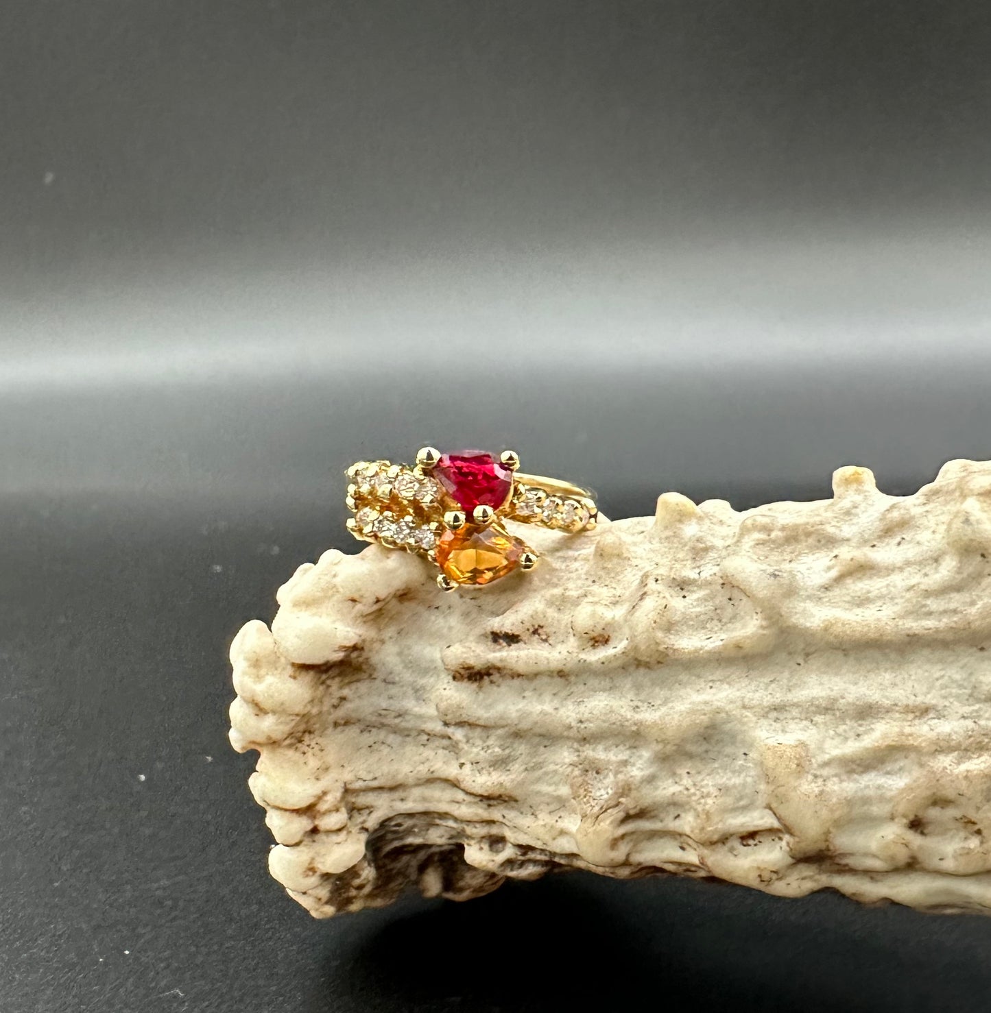 Citrine and Red Spinel bypass ring with diamond accents in 14K yellow gold