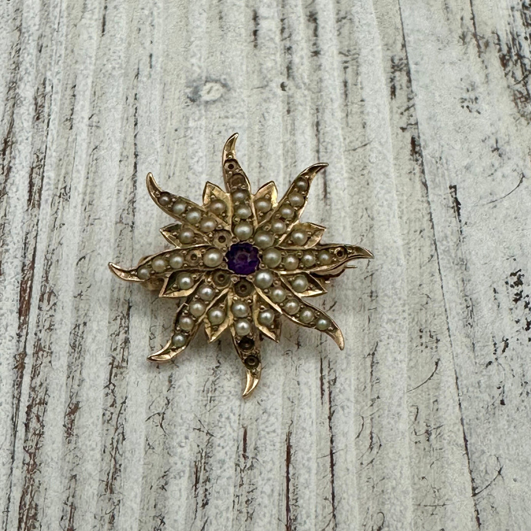 Antique Seed Pearl and Amethyst Starburst Brooch