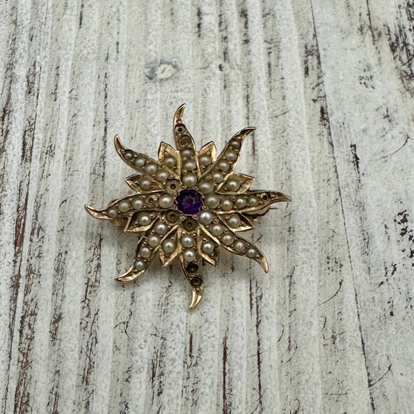 Antique Seed Pearl and Amethyst Starburst Brooch
