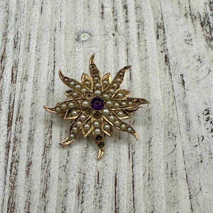 Antique Seed Pearl and Amethyst Starburst Brooch