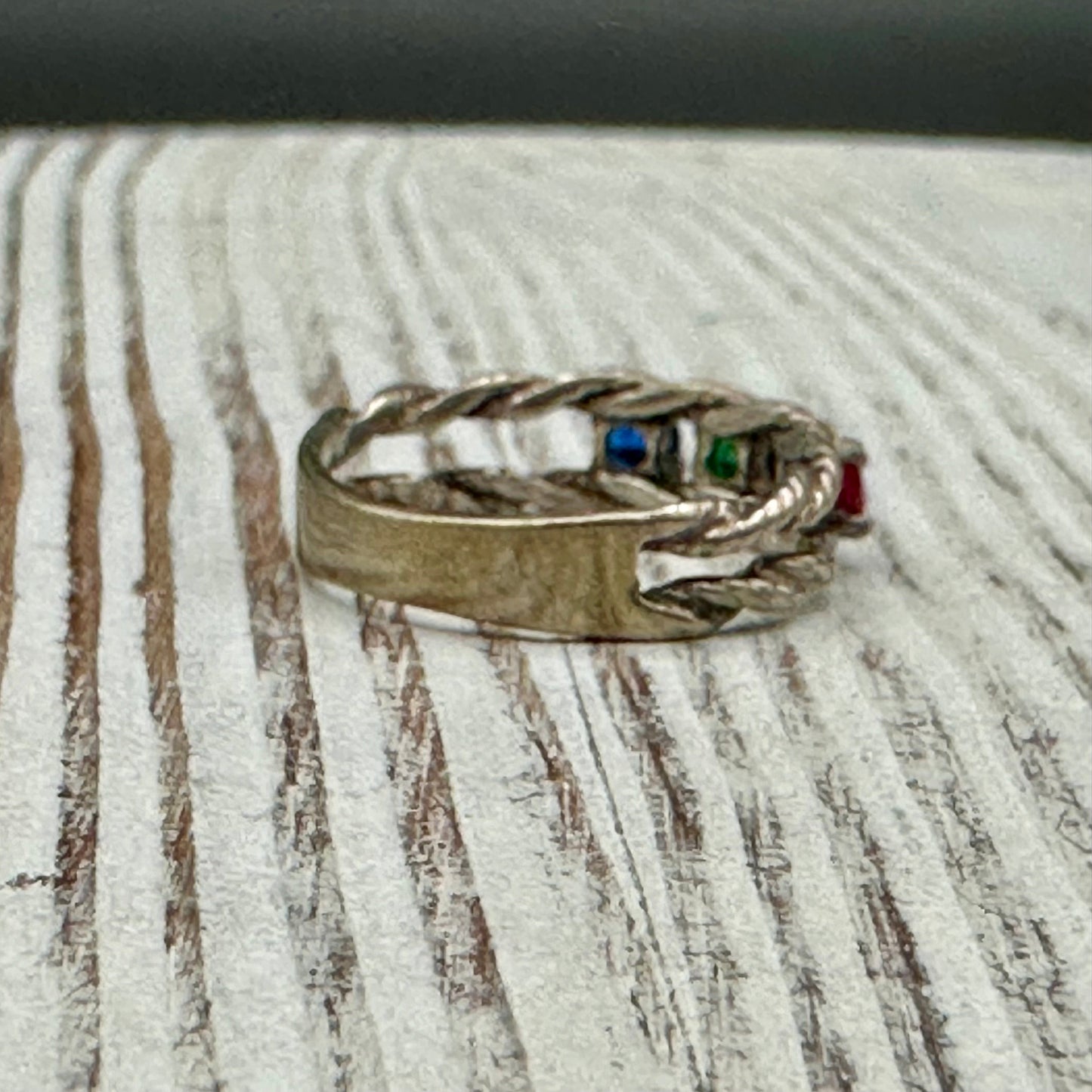 Double twisted Rope Sterling Silver ring with multicolored stones