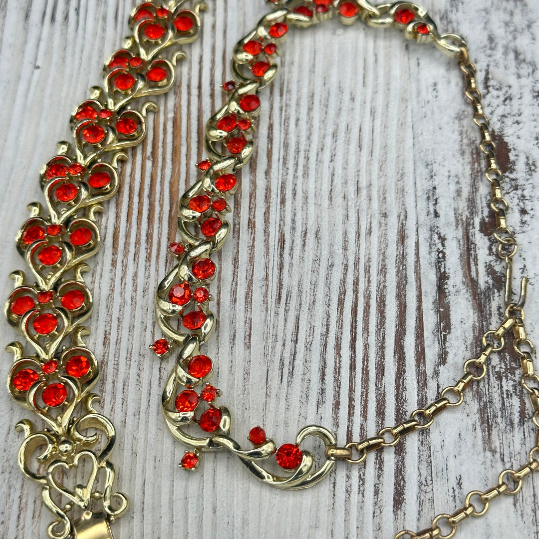 Signed Coro Bracelet and Necklace with Brilliant Orange Crystals in Gold tone