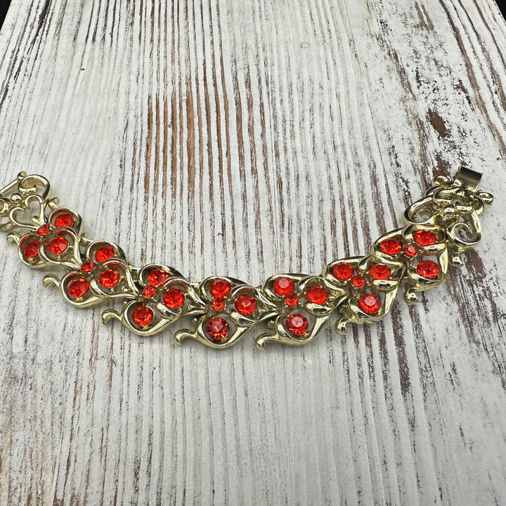 Signed Coro Bracelet and Necklace with Brilliant Orange Crystals in Gold tone