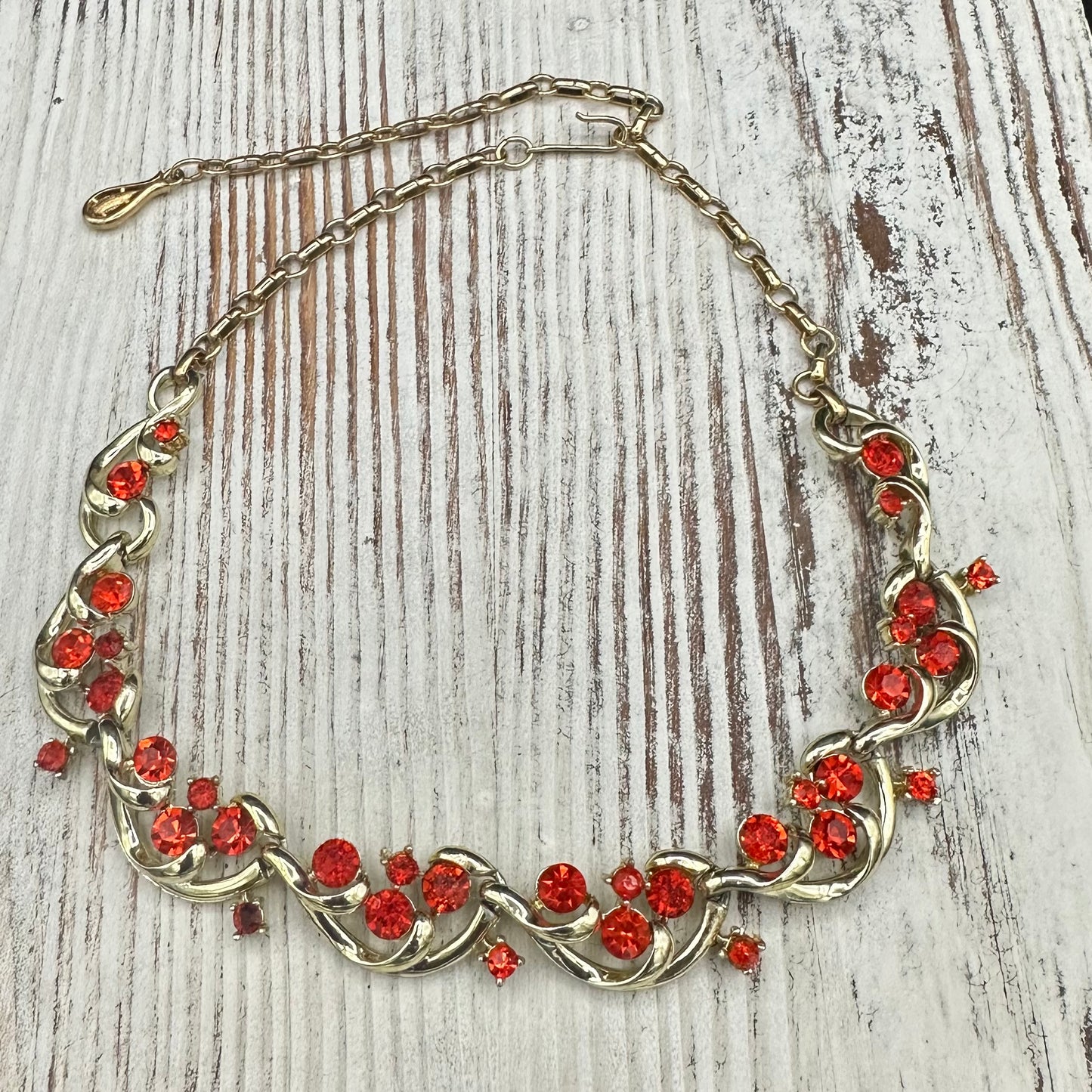 Signed Coro Bracelet and Necklace with Brilliant Orange Crystals in Gold tone