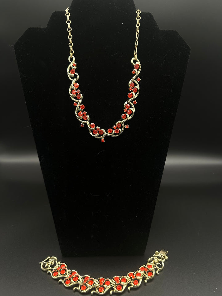 Signed Coro Bracelet and Necklace with Brilliant Orange Crystals in Gold tone