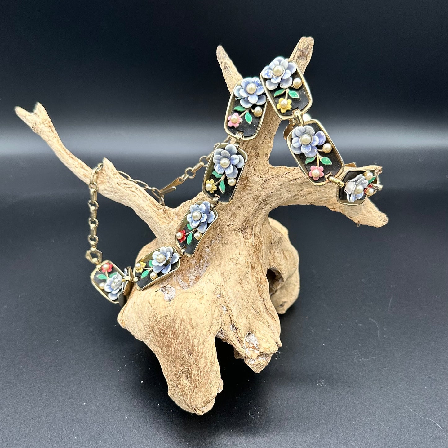 Vintage “Alice” Enamel Bracelet and necklace set with Flowers and Faux Pearls